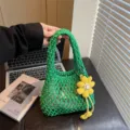 Green crochet net bag variant with a yellow flower pendant, casual knit handbag for beach. - With Pendant / Green