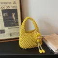 Yellow cotton crochet net handbag with cute flower pendant for casual summer beach - Without Pendant / Yellow