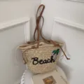 Bolso de paja para playa con asas de cuero marrón y bordado beach, bolsa de verano. - Negro