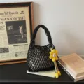 Black cotton woven net handbag with yellow flower pendant, stylish hollow beach vacation tote. - Without Pendant / Black