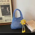 Blue woven mesh handbag with yellow flower pendant, casual hollow crochet tote beach bag for women - Without Pendant / Blue