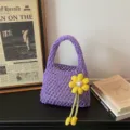Purple cotton knitted hollow mesh handbag, trendy candy color cute beach bag with flower charm - Without Pendant / Purple