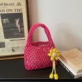 Pink cotton woven handbag hollow mesh beach tote bag stylish candy color daily purse - With Pendant / Rose Pink