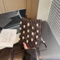 Bohemian hollow out beaded mobile phone bag dark brown wax rope woven crossbody beach bag - Brown