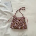 Pink Bohemian Woven Beaded Shoulder Bag Straw Style Beach Vacation Handbag For Women - Pink