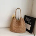 Casual straw tote bag for women, large capacity woven shoulder bag for beach vacation and summer. - Khaki