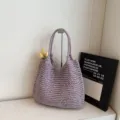 Purple straw tote bag, casual beach shoulder handbag for women, large capacity woven summer bag. - Purple