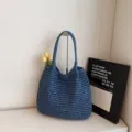 Blue straw woven tote bag for women, large capacity beach shoulder bag, casual summer handbag. - Blue