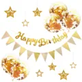 Gold Happy Birthday banner balloons star decor details for birthday party celebration. - Gold