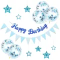 Blue birthday party decoration set including happy birthday banner confetti balloons and stars. - Blue