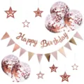 Rose gold birthday party decoration set including confetti balloons, star banners and bunting. - Rose Gold