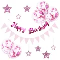 Birthday party decoration set with happy birthday banner, pink triangle flags, and confetti balloons. - Rose Red