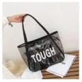Borsa shopper trasparente jelly con grande capienza, elegante borsa a spalla per la spiaggia estiva. - Nero
