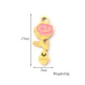Gold stainless steel rose pendant charm with pink enamel for DIY jewelry making and crafting. - Flower