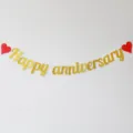 Gold Glitter Happy Anniversary Banner Party Decoration Garland Anniversary Hanging Sign - Banner with 2 Red Hearts / Gold