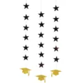 Décoration de fête de remise des diplômes étoile noire chapeau paillettes guirlande papier - Guirlande d'étoiles noires et chapeaux de remise de diplôme dorés