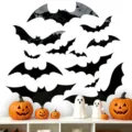 3D Halloween black bat wall stickers detail view, spooky home party decor wall decals set. - Large Bat / Black