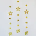 Gold foil 18 birthday party hanging garland detail view with stars and circles decoration - Gold 18th Birthday Hanging Garland