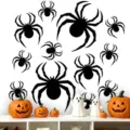 Halloween 3D black spider wall stickers scene detail showcasing spooky creepy decor on white wall. - Large Spider / Black