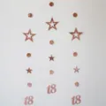 Detail view of rose gold hanging garland featuring hollow stars, circles, and number 18. - Rose Gold 18th Birthday Hanging Garland