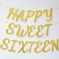 Χρυσή γιρλάδα γενεθλίων Sweet Sixteen, διακόσμηση πάρτι 16ων γενεθλίων κρεμαστή σημαία. - Χρυσά πανό με γκλίτερ "HAPPY SWEET SIXTEEN"