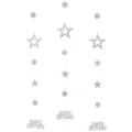 Silver glitter birthday party hanging garland featuring star and circle cutout decorations. - Glitter Silver Birthday Banners