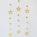 Gold 50th birthday party hanging garland decorations with shiny stars and circles for celebration. - Gold 50th Birthday Hanging Garland