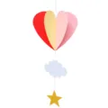 Close-up detail of the 3D paper hot air balloon hanging decoration with cloud and star. - Total Length About 50-60CM / Heart Style [Red + Yellow + Pink]