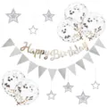 Birthday party decoration set with Happy Birthday banner, star charms, and confetti balloons. - Silver
