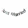 Silver Just Married wedding banner for party decoration, sparkling holographic hanging letters. - JUST Letter Banner in Silver