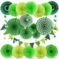Green paper party decorations set including paper fan flowers pom poms and garlands. - Green Paper Fan Set