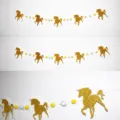 Gold glitter unicorn birthday paper banner garland with pompoms and hanging string. - Gold Pom Pom Flower Fairy