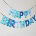Blue plush fuzzy letter banner spelling out happy birthday for festive party wall decor. - Blue Paper Birthday Banner with Pom-Poms