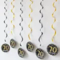 Detail display of black and gold 70th birthday hanging swirl party decorations set. - 70th Birthday Spiral / Black & Gold
