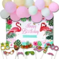 Ensemble de decoration d'anniversaire flamant rose tropical avec ballons et accessoires photo. - Kit de décoration fête flamant rose