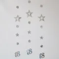 Silver 18 birthday party hanging garland decoration featuring hollow stars and shiny circles. - Silver 18th Birthday Hanging Garland