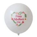 Close up of white latex balloon featuring printed floral heart and Mother's Day text. - White
