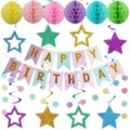 Colorful birthday party decoration set with paper honeycomb balls, stars banner, and hanging swirls. - Gold Stamping Macaron