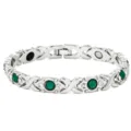 Elegant silver magnetic health bracelet with round green gemstones and X-link design for women - X-Shape Green Diamond / Silver