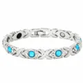 Elegant silver magnetic therapy bracelet with light blue crystals and X-shaped link design - X-Shape Blue Diamond / Silver