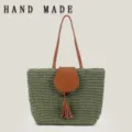 Handmade green paper rope woven shoulder tote bag with brown leather flap and tassel - Army Green