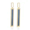 Close-up detail of geometric long drop earrings with double-layer metal and blue inlay design. - Gold Gray