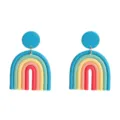 Detailed close-up view of colorful polymer clay rainbow arch earrings with bright blue studs. - Blue Red