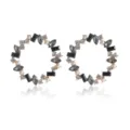 Geometrische strass ronde oorbellen met zwarte en grijze kristallen en parels voor dames mode. - Zwart