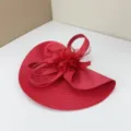 Red fascinator hat detail view, elegant bridal party headpiece with handmade flowers and feathers. - Red