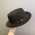 Women's summer straw hat with brown belt buckle, elegant vintage flat top sun hat for beach. - M (56-58cm) / Black and Coffee Leather Belt