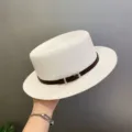 Women's white straw flat top hat with brown belt buckle, chic British vintage summer sun hat. - M (56-58cm) / White and Coffee Leather Belt