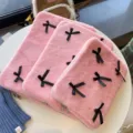 Korean INS cute pink plush laptop sleeve with black bows 13/15 inch aesthetic computer bag - 15-15.6 Inch / Light Pink
