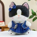 Cute black and white cat plush toy wearing blue tweed dress and bow, soft doll gift. - Cat / 30 cm