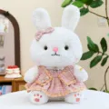 Cute white plush rabbit toy wearing a pink tweed dress, soft stuffed animal doll for kids gift. - Rabbit / 30 cm